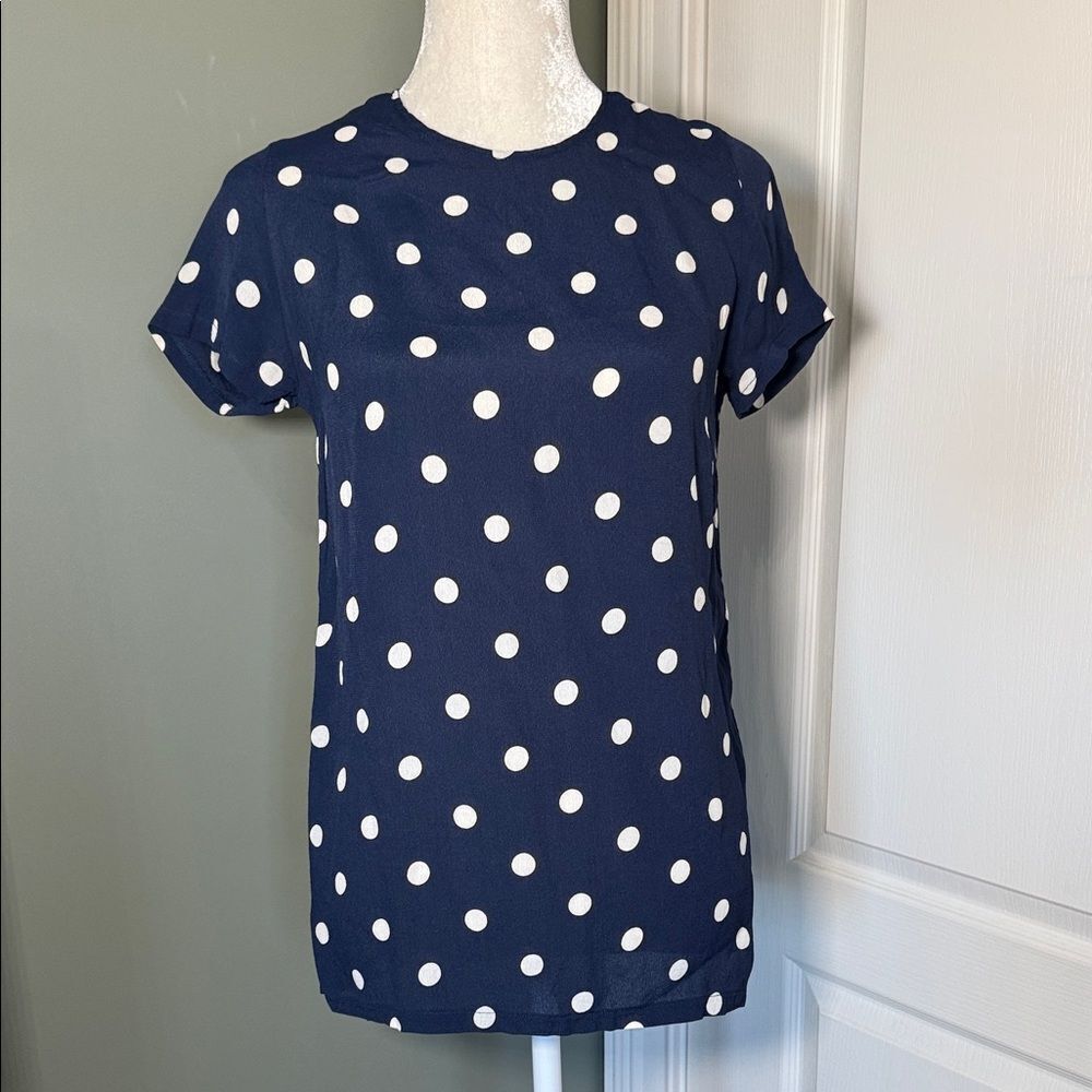 Reformation Polka Dot Top Navy White Viscose Parisian Chic Blouse M